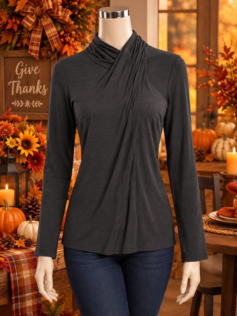 Jones New York Charcoal Draped Mock-Neck Long Sleeve Top